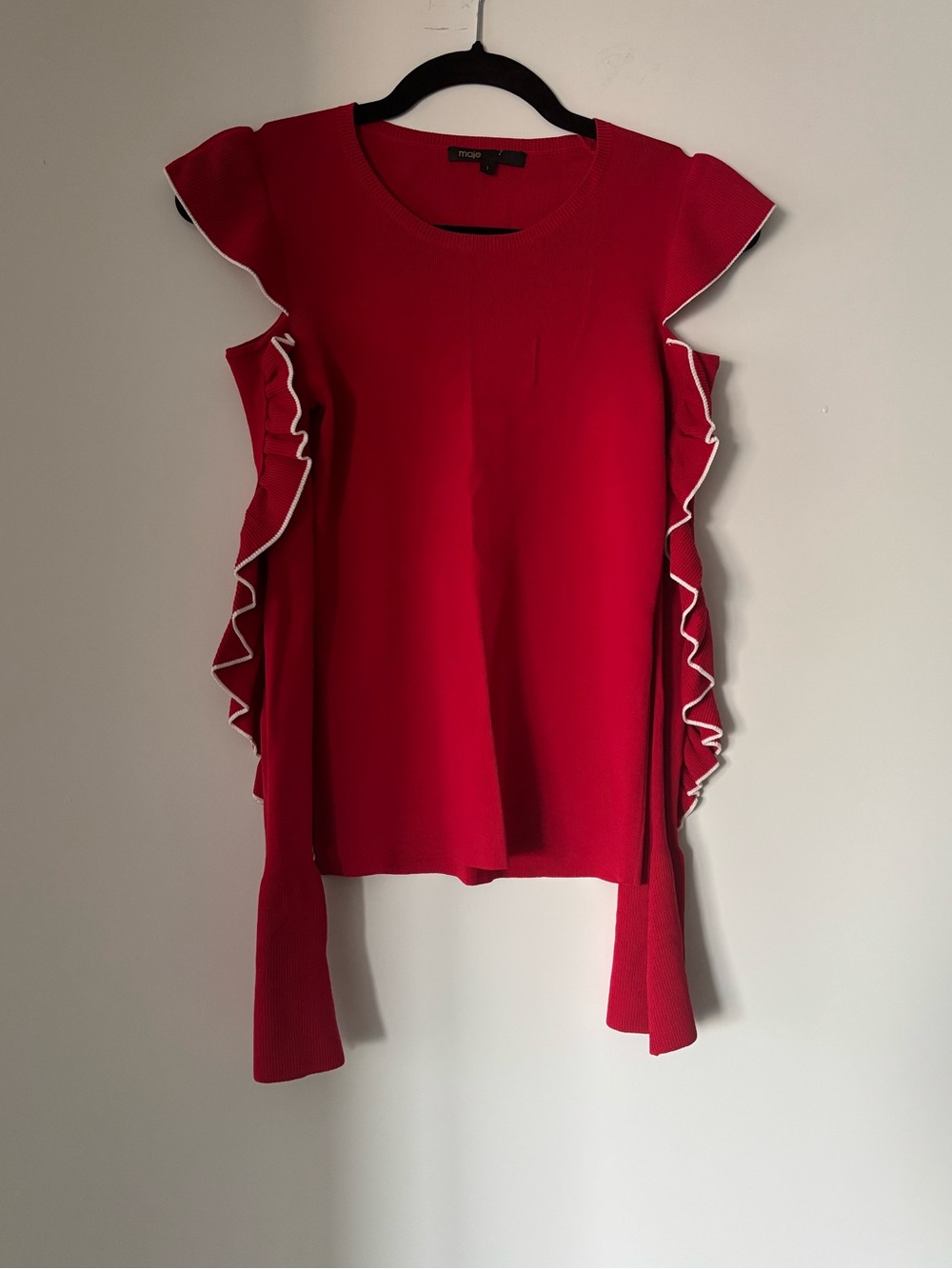 Authentic Maje Red Short-Sleeve Ruffle Trim Tee with Contrast Piping